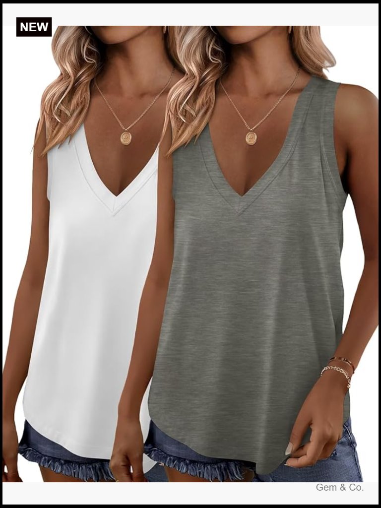 2 Pack V Neck Sleeveless Loose Fit Tank Tops Casual Summer Tops